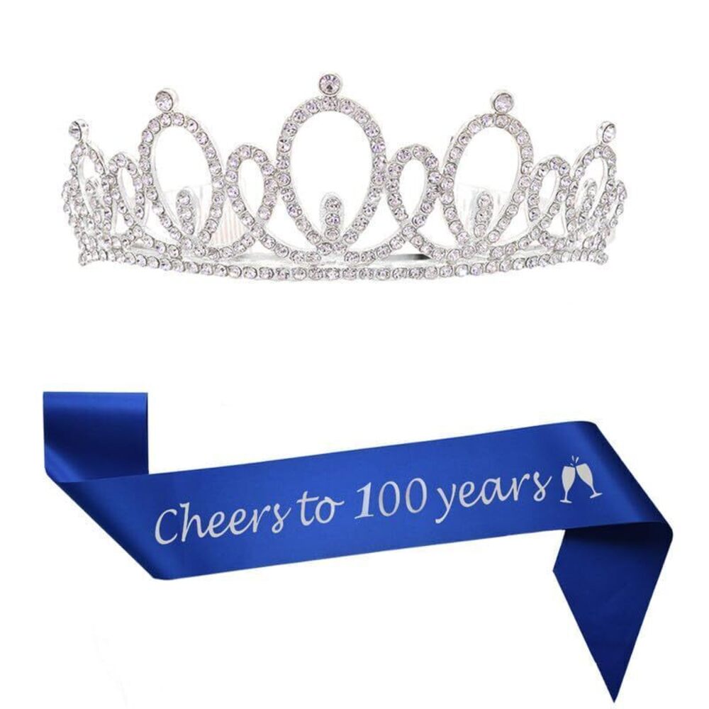 4677 Happy 100th Birthday Tiara and Sash Gifts Crystal Rhinestone Princess